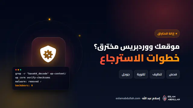 غلاف دليل استرجاع موقع ووردبريس مخترق وإزالة الاختراق بأيقونة درع وعناصر الفحص والتنظيف والتقوية ومراجعة جوجل