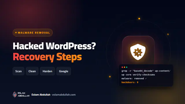 Hacked WordPress site recovery guide cover with a shield-virus icon and chips for scan, clean, harden and Google review