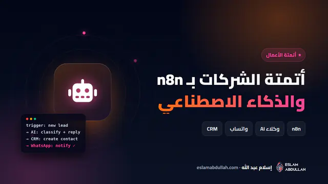 غلاف مقال أتمتة الأعمال بالذكاء الاصطناعي باستخدام n8n مع أيقونة روبوت ووسوم واتساب وCRM ووكلاء الذكاء الاصطناعي