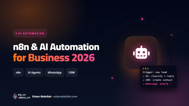n8n automation for business cover showing a robot icon with AI workflow chips for WhatsApp, CRM and AI agents