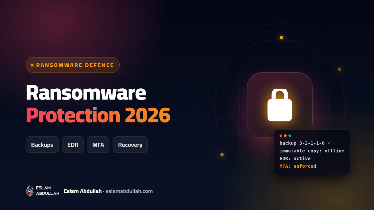Ransomware protection for business cover with a lock icon and chips for backups, EDR, MFA and recovery