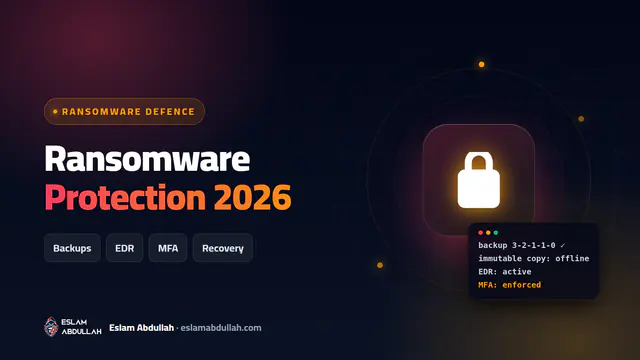 Ransomware protection for business cover with a lock icon and chips for backups, EDR, MFA and recovery
