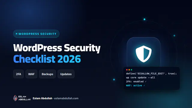 WordPress security checklist 2026 cover with a shield icon and chips for 2FA, WAF, backups and updates